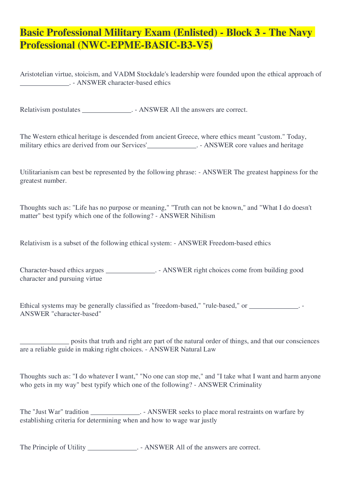 Basic Professional Military Exam (Enlisted) Block 3 The Navy